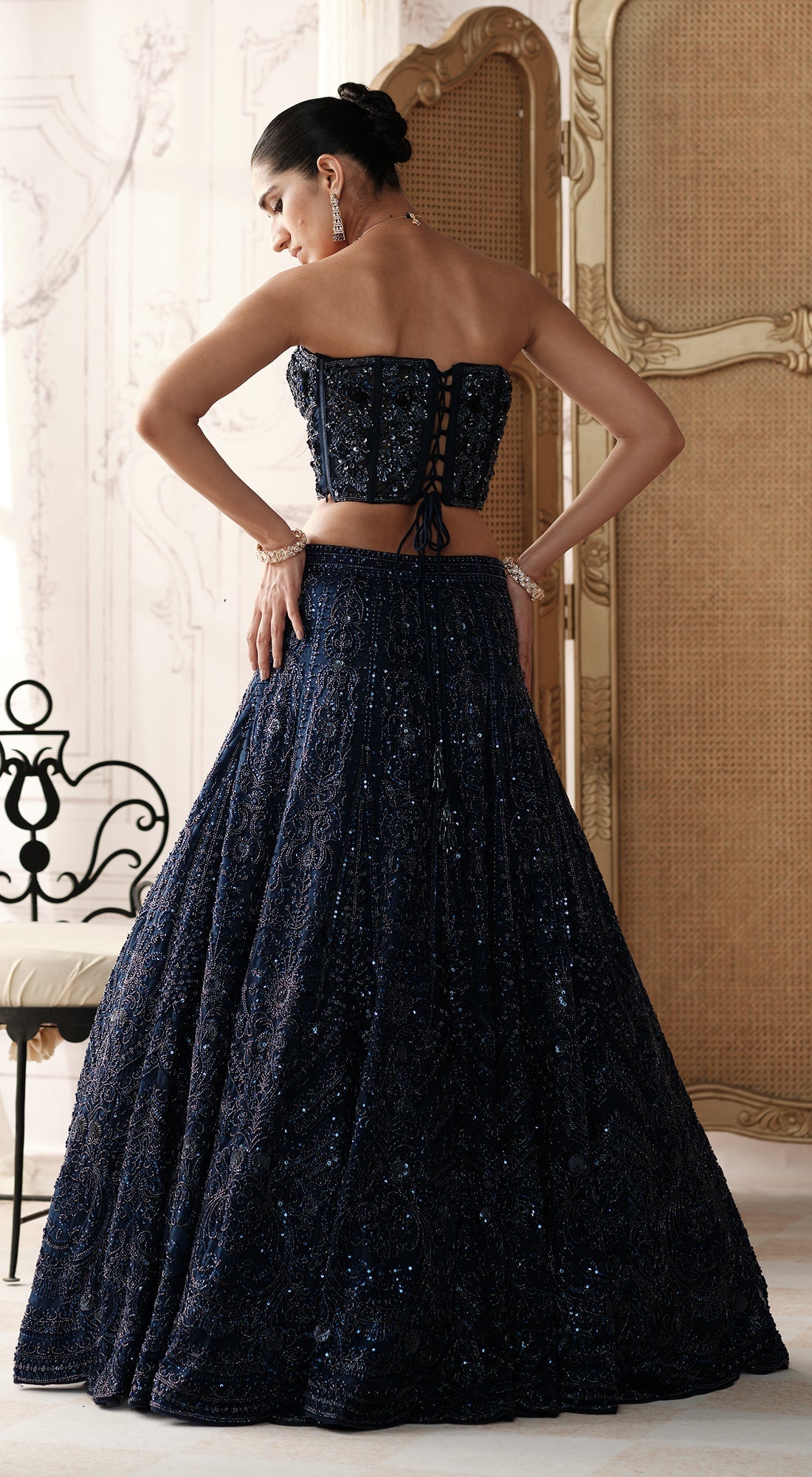 TARA SUTARIA IN MIDNIGHT STARLIGHT CORSET LEHENGA