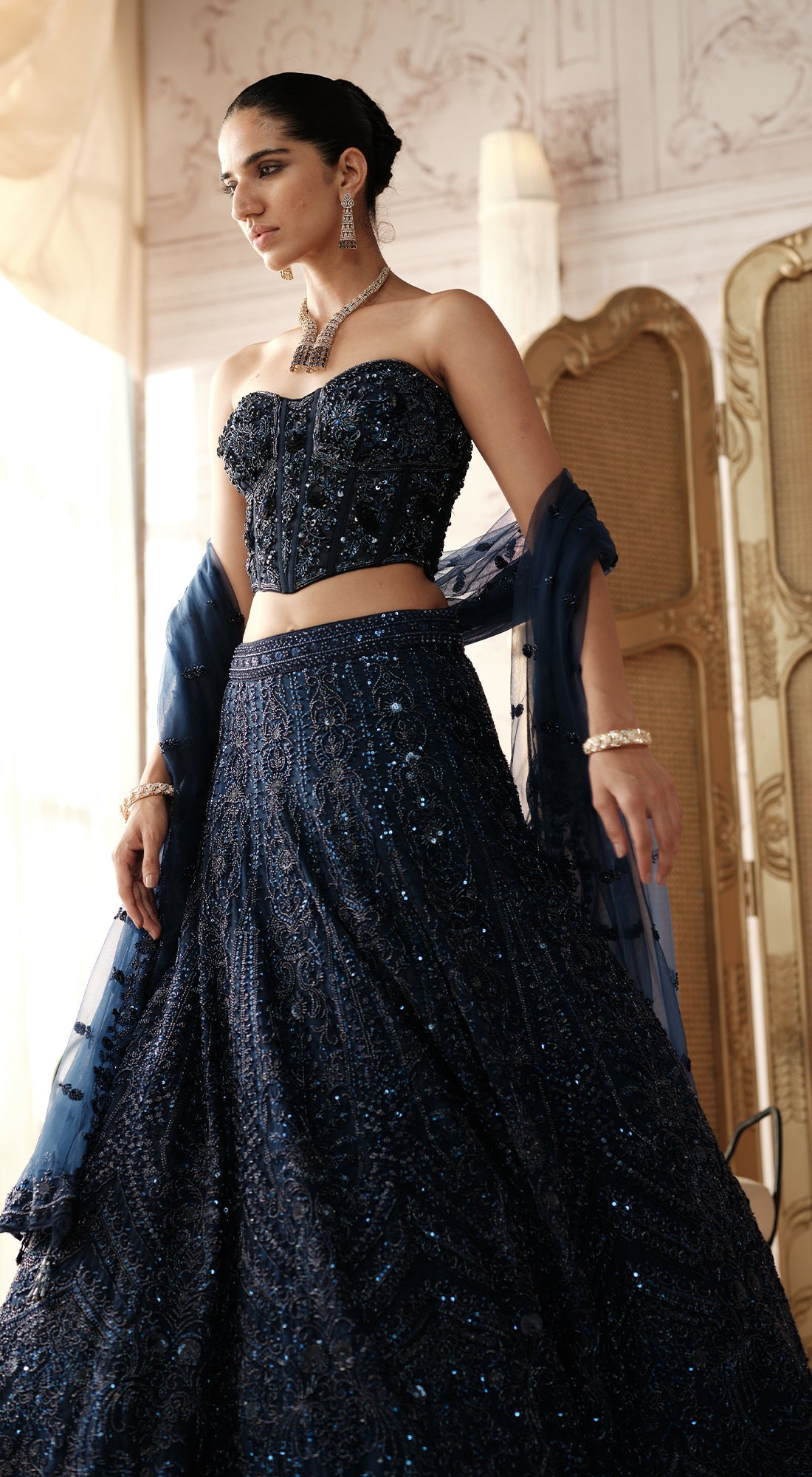 TARA SUTARIA IN MIDNIGHT STARLIGHT CORSET LEHENGA