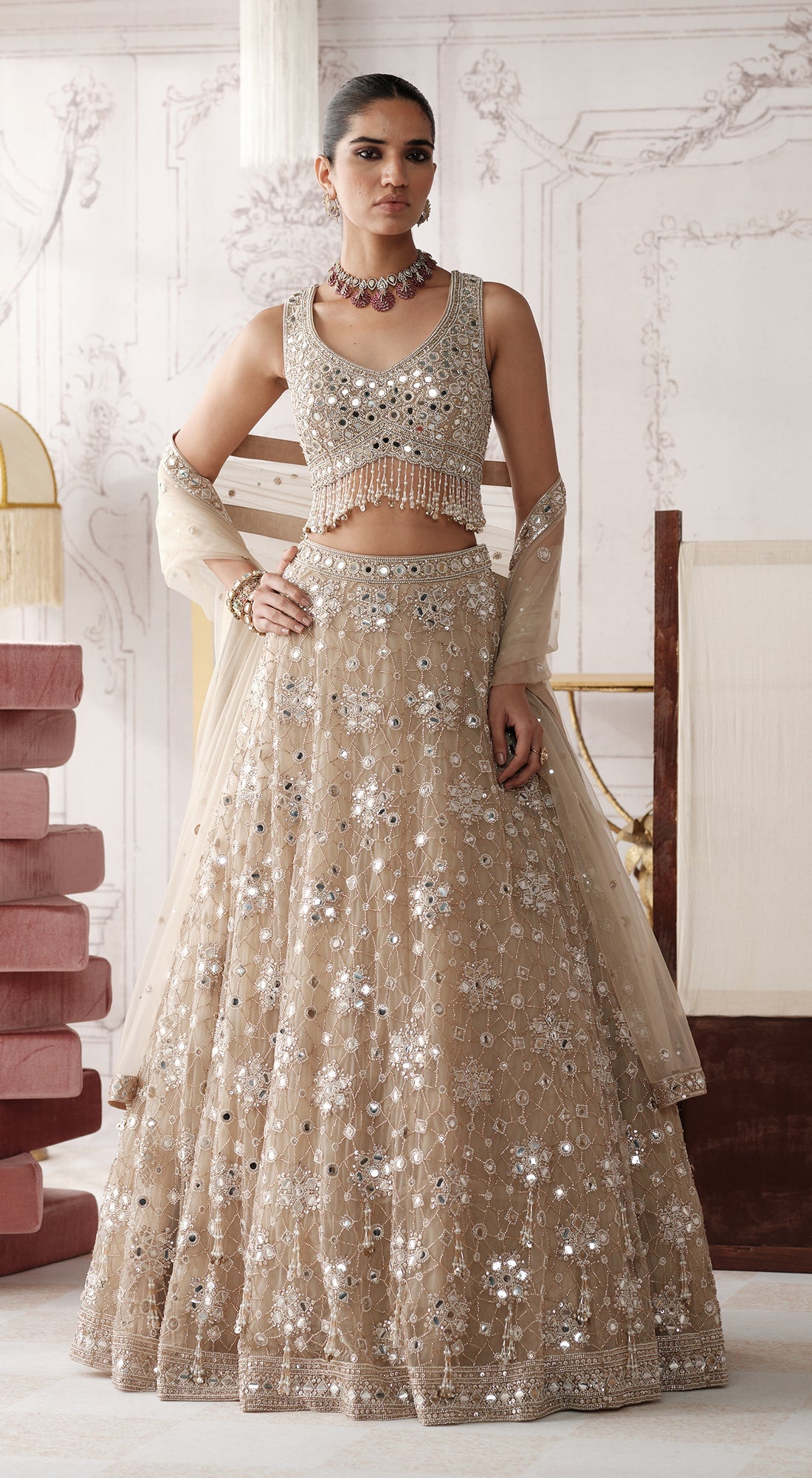 CHAMPAGNE RADIANCE EMBROIDERED LEHENGA SET