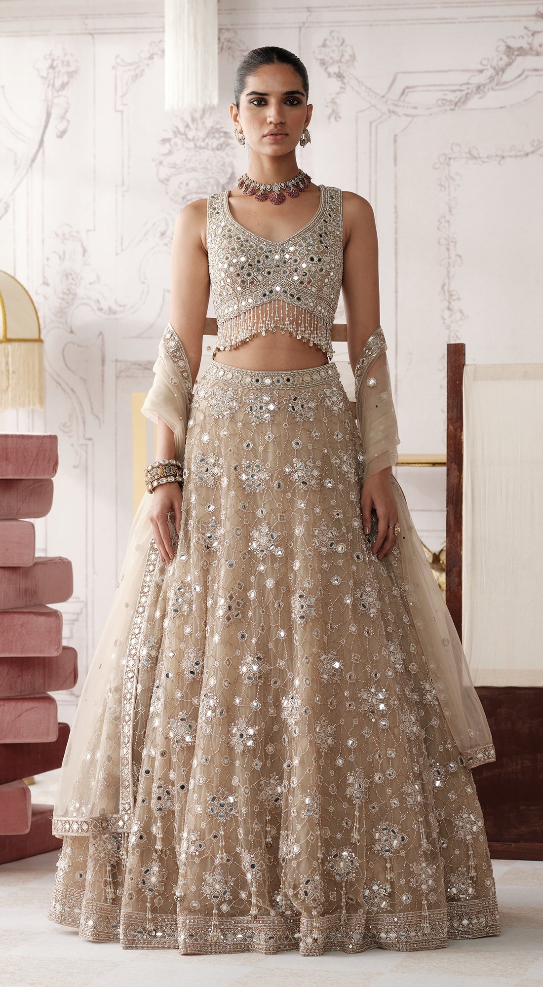 CHAMPAGNE RADIANCE EMBROIDERED LEHENGA SET