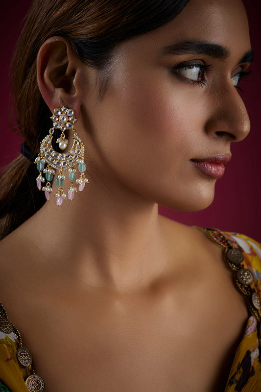 Gold Finish Kundan Polki & Shell Pearl Chandbali Earrings