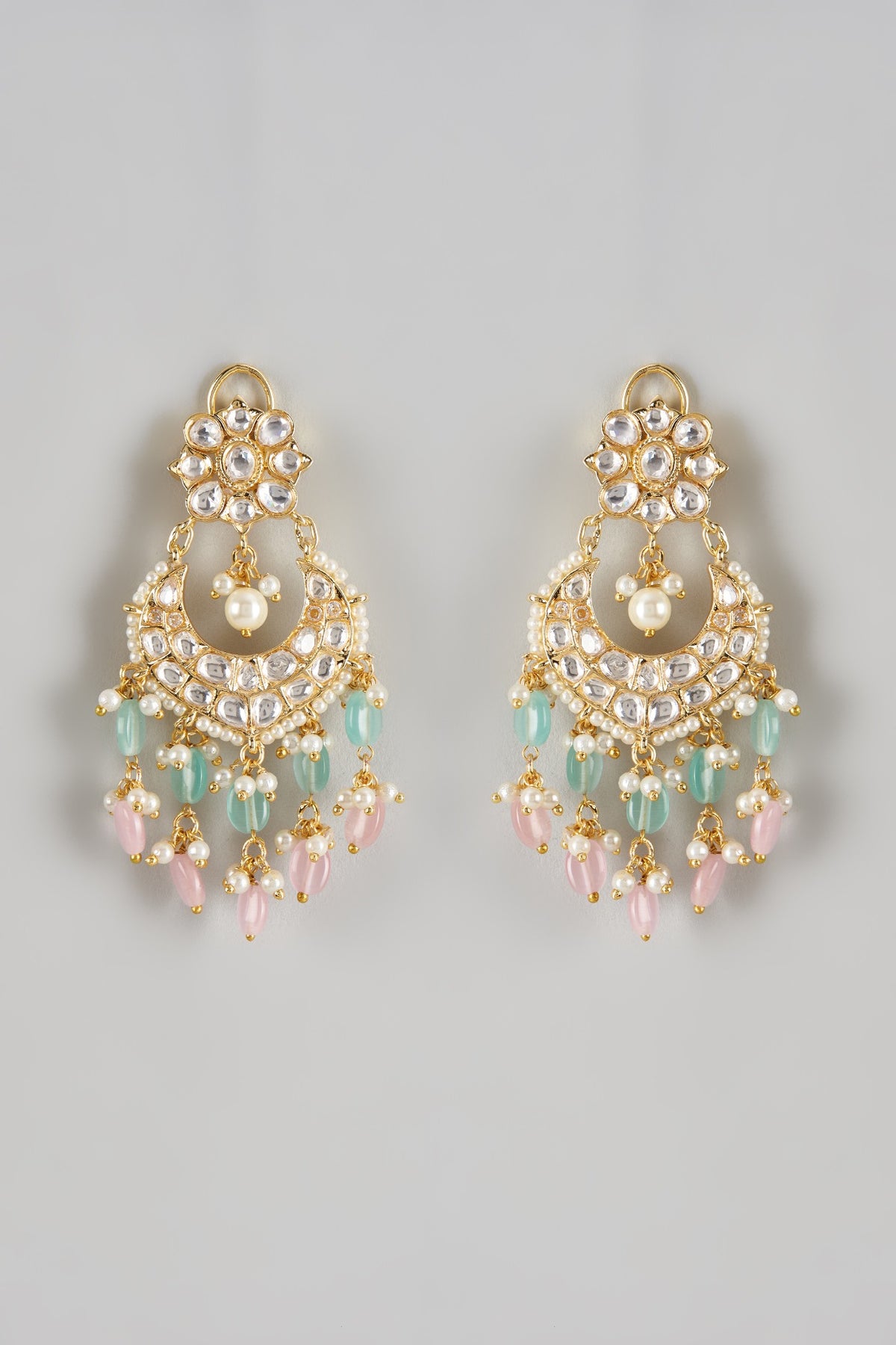 Gold Finish Kundan Polki & Shell Pearl Chandbali Earrings