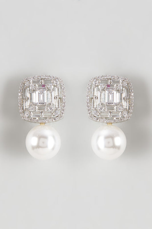 White Finish Zircon & Shell Pearl Dangler Earrings