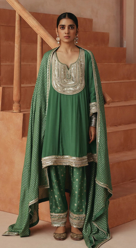 EMERALD OPULENCE EMBROIDERED SUIT SET