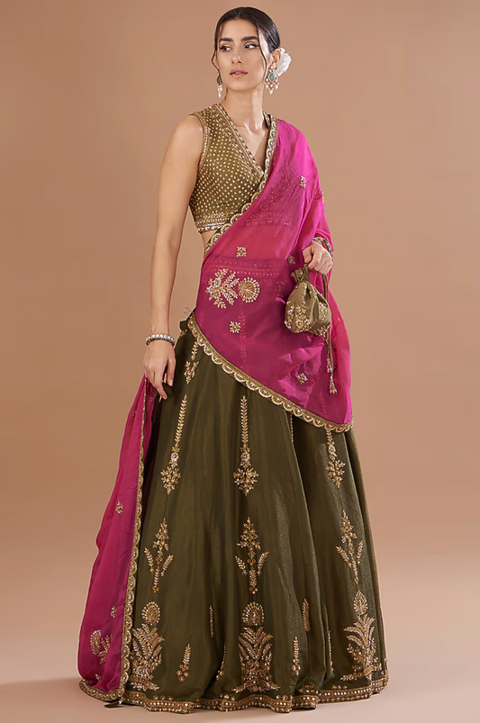 Mehendi Green Tissue Zardosi Embroidered Lehenga Set