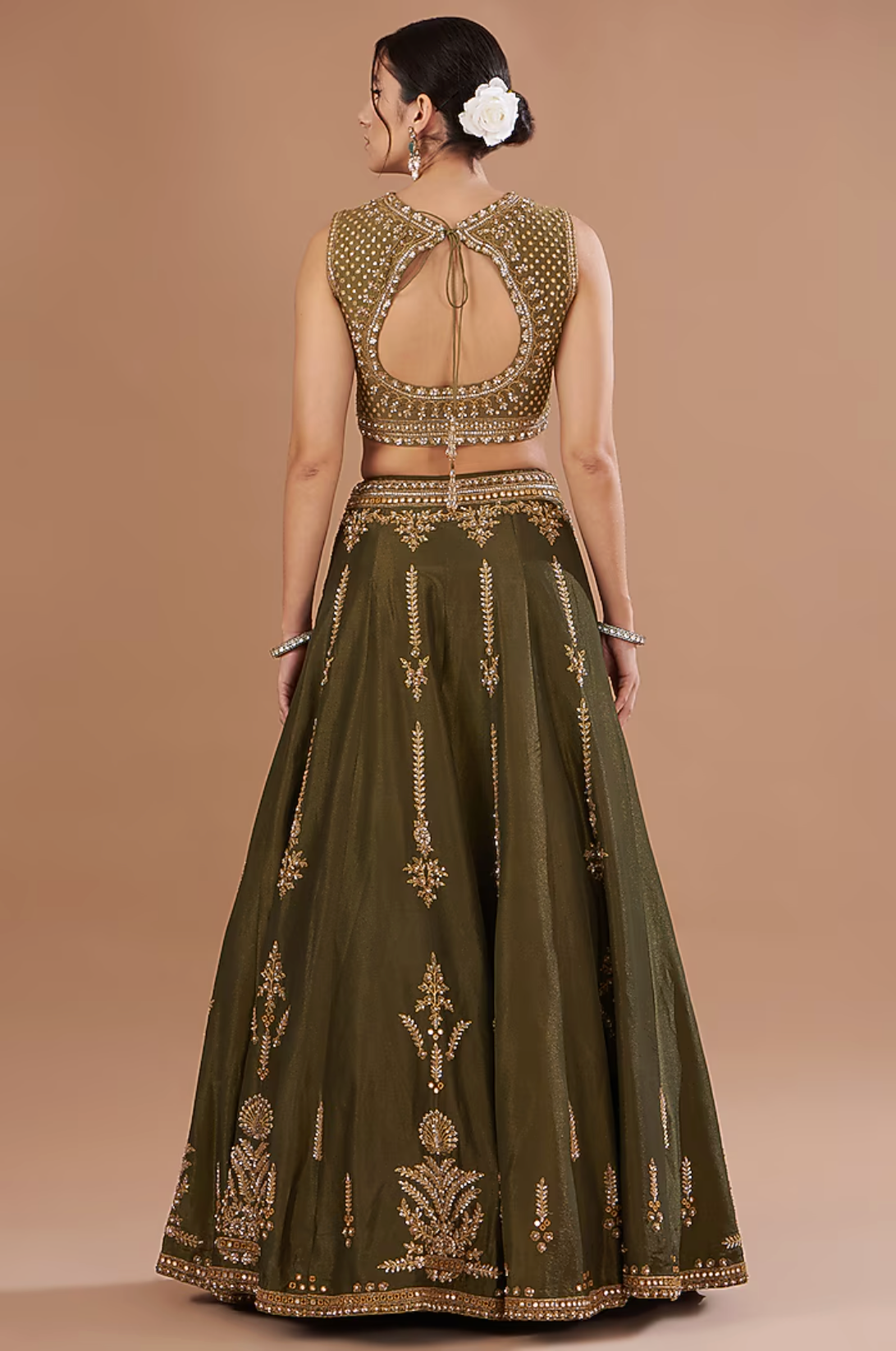 Mehendi Green Tissue Zardosi Embroidered Lehenga Set