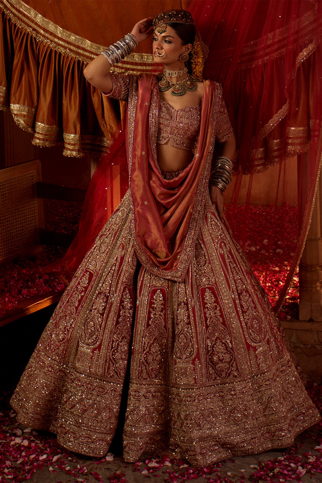 Multi-Colored Tissue Zari & Sequins Embroidered Lehenga Set