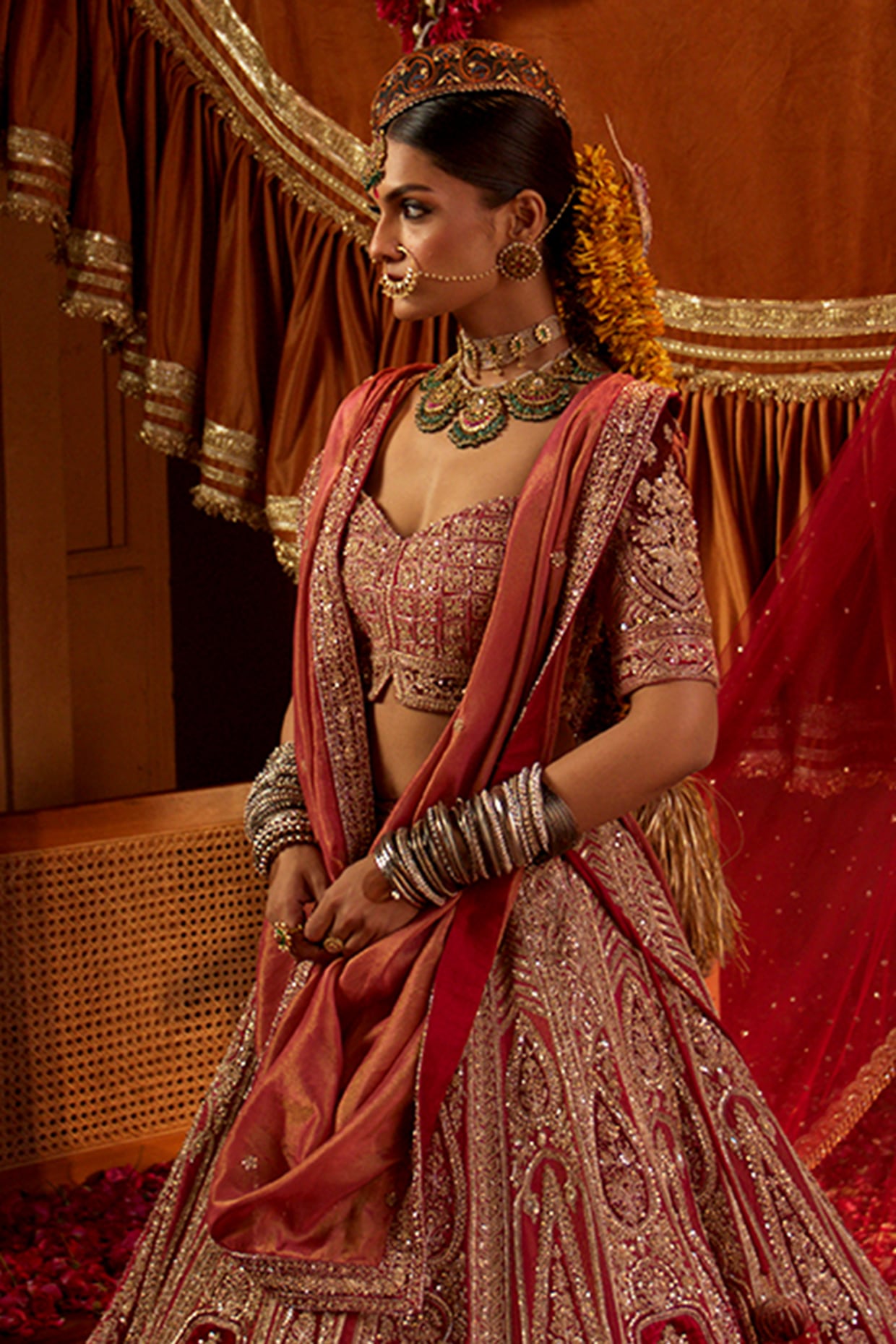 Multi-Colored Tissue Zari & Sequins Embroidered Lehenga Set