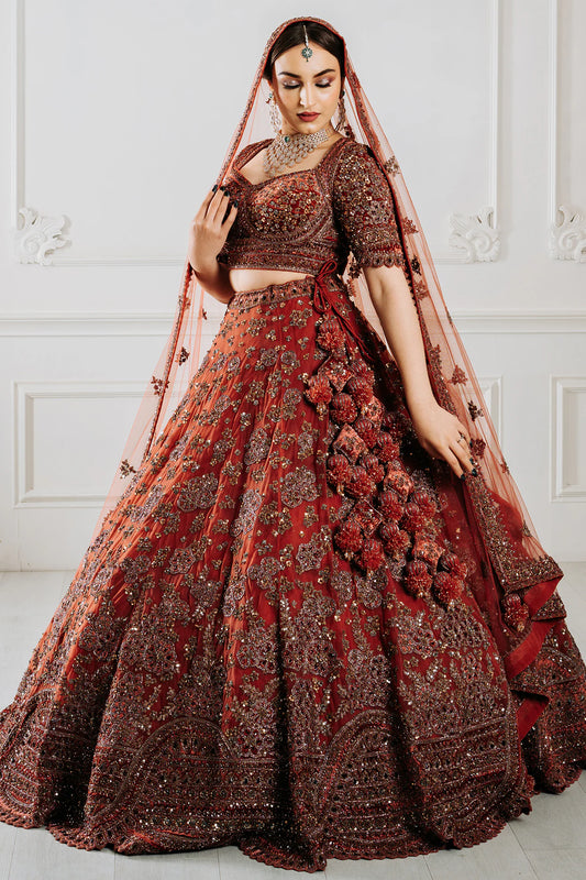Copper Rose Velvet Dori & Sequins Embroidered Lehenga Set