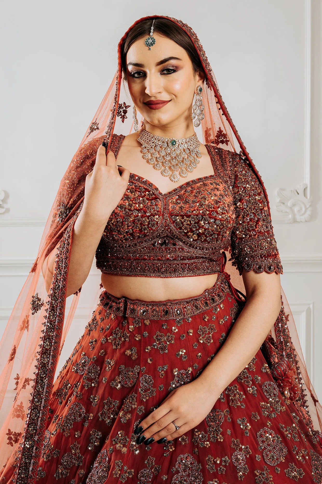 Copper Rose Velvet Dori & Sequins Embroidered Lehenga Set