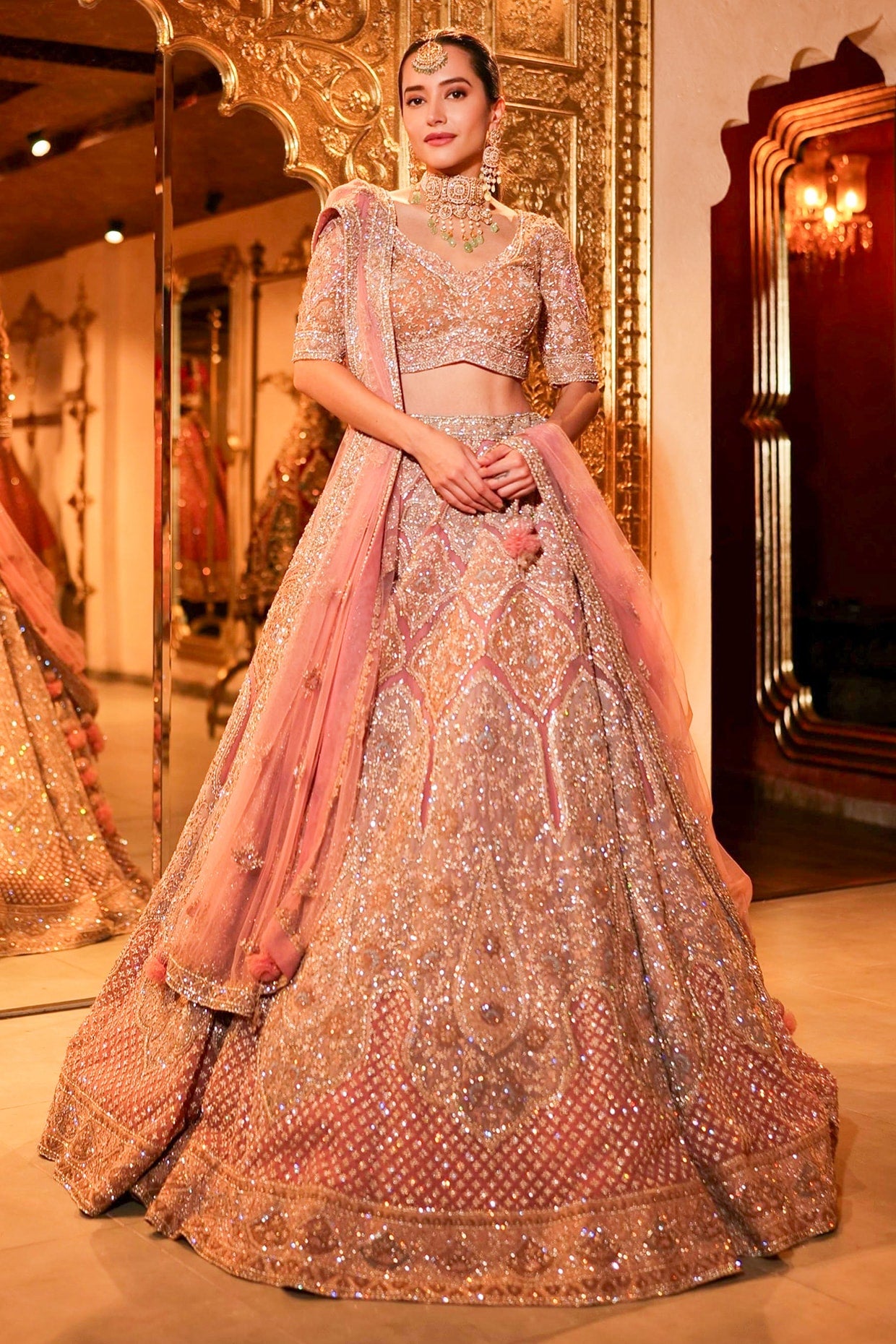 Soft Pink Net Sequins & Cutdana Embroidered Lehenga Set