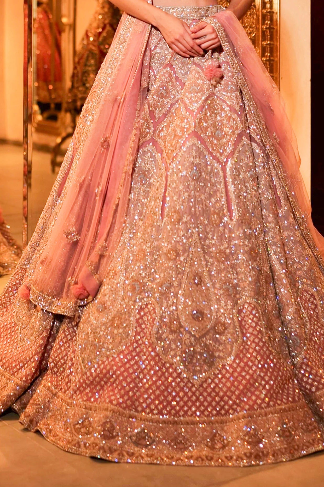 Soft Pink Net Sequins & Cutdana Embroidered Lehenga Set