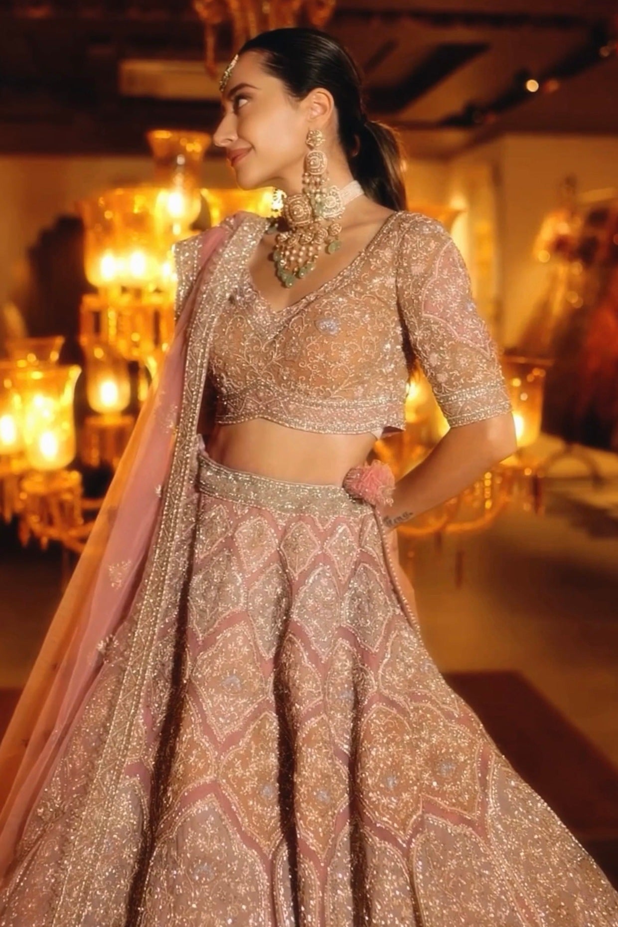 Soft Pink Net Sequins & Cutdana Embroidered Lehenga Set