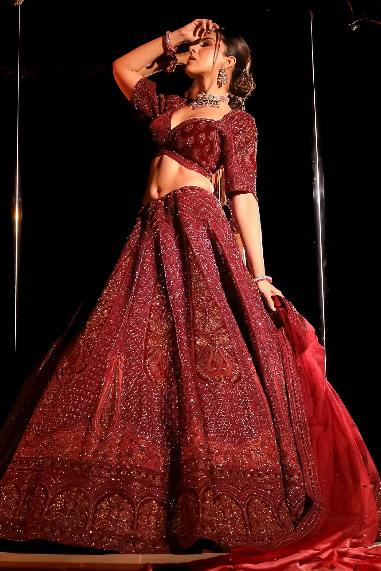 Maroon Velvet Kiran Dori Embroidered Lehenga Set