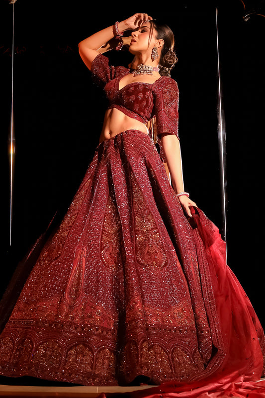 Maroon Velvet Kiran Dori Embroidered Lehenga Set