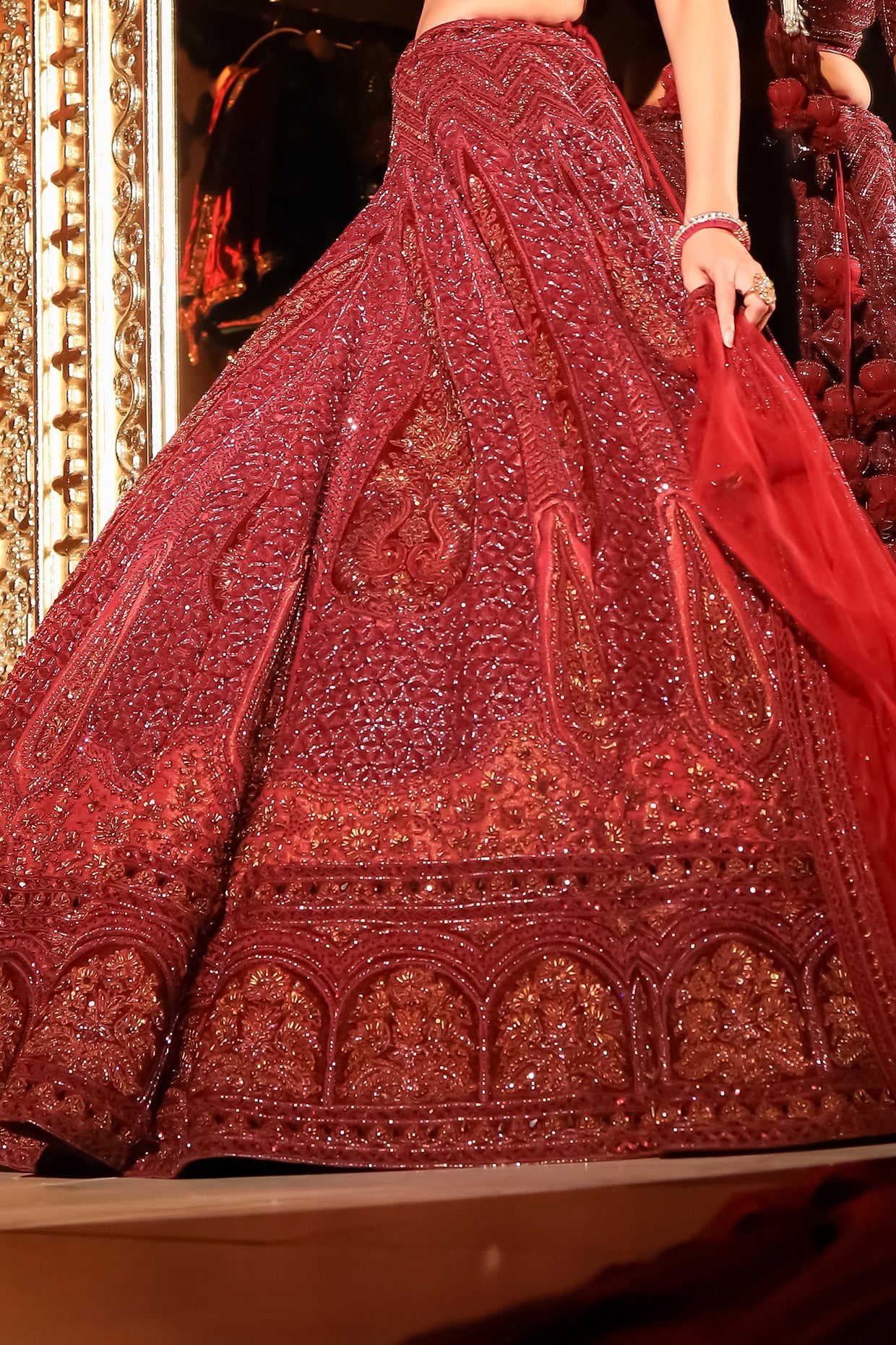 Maroon Velvet Kiran Dori Embroidered Lehenga Set