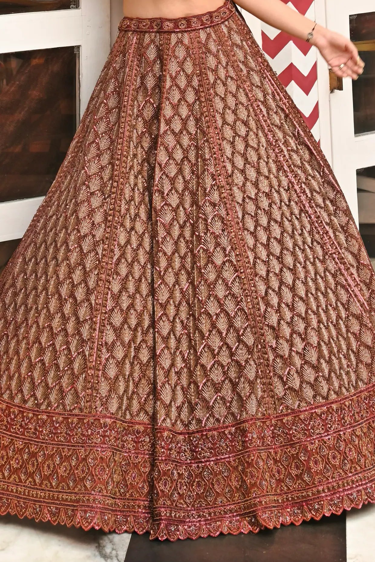 Rust Net Dori & Cutdana Embroidered Lehenga SetMulti-Colored