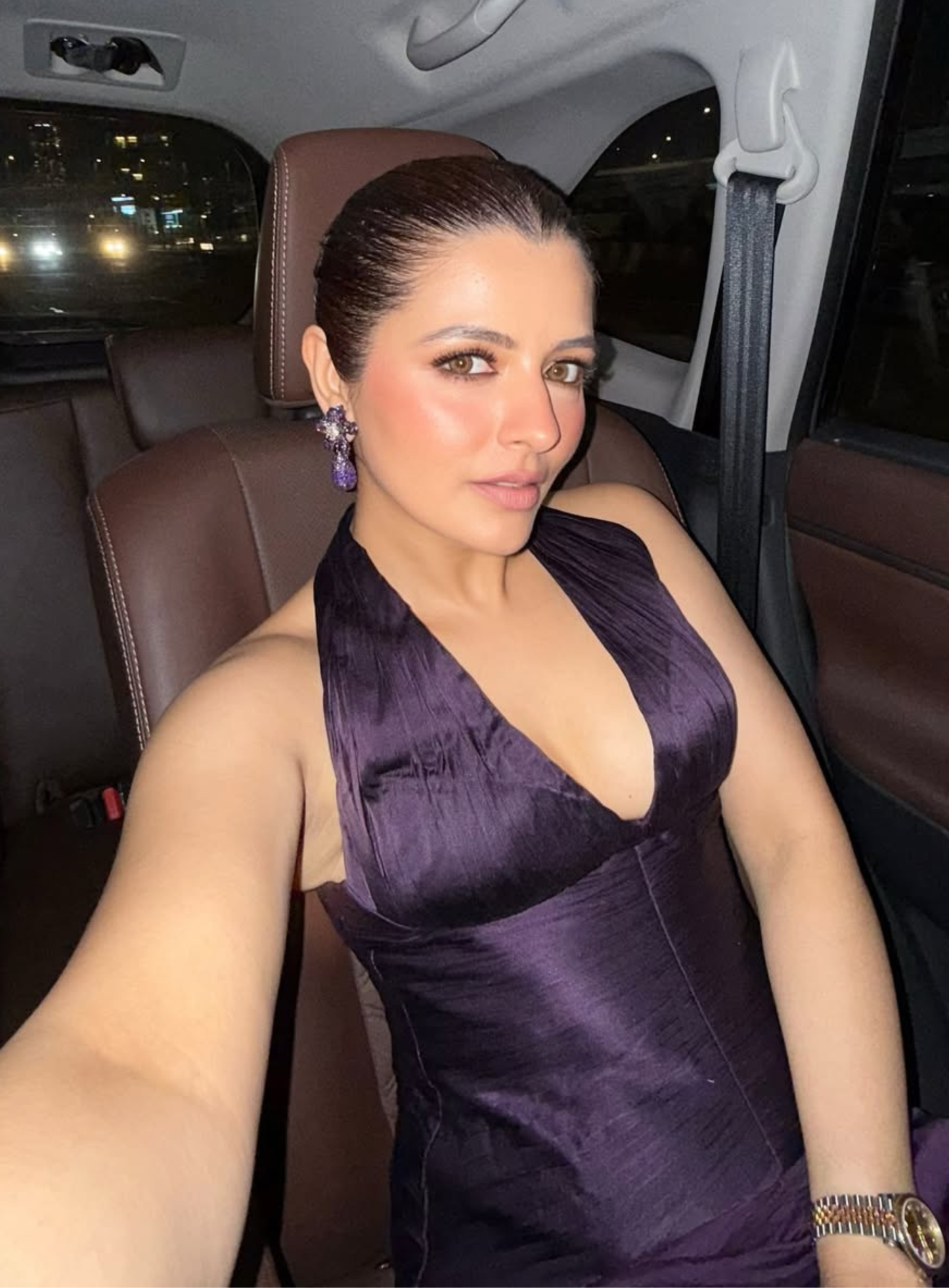 Plum Pleated Structured Corset paired with flowy drape skirt & stole