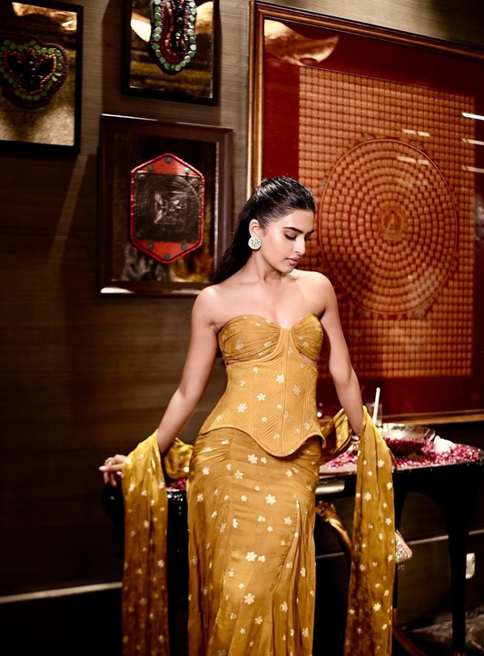 Mustard Yellow jacquard cut out corset with drape skirt and stole