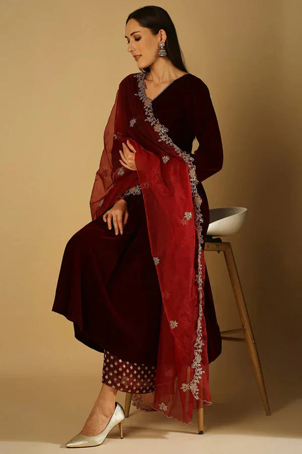 Maroon Velvet `Kurta with Palazzo and Dupatta