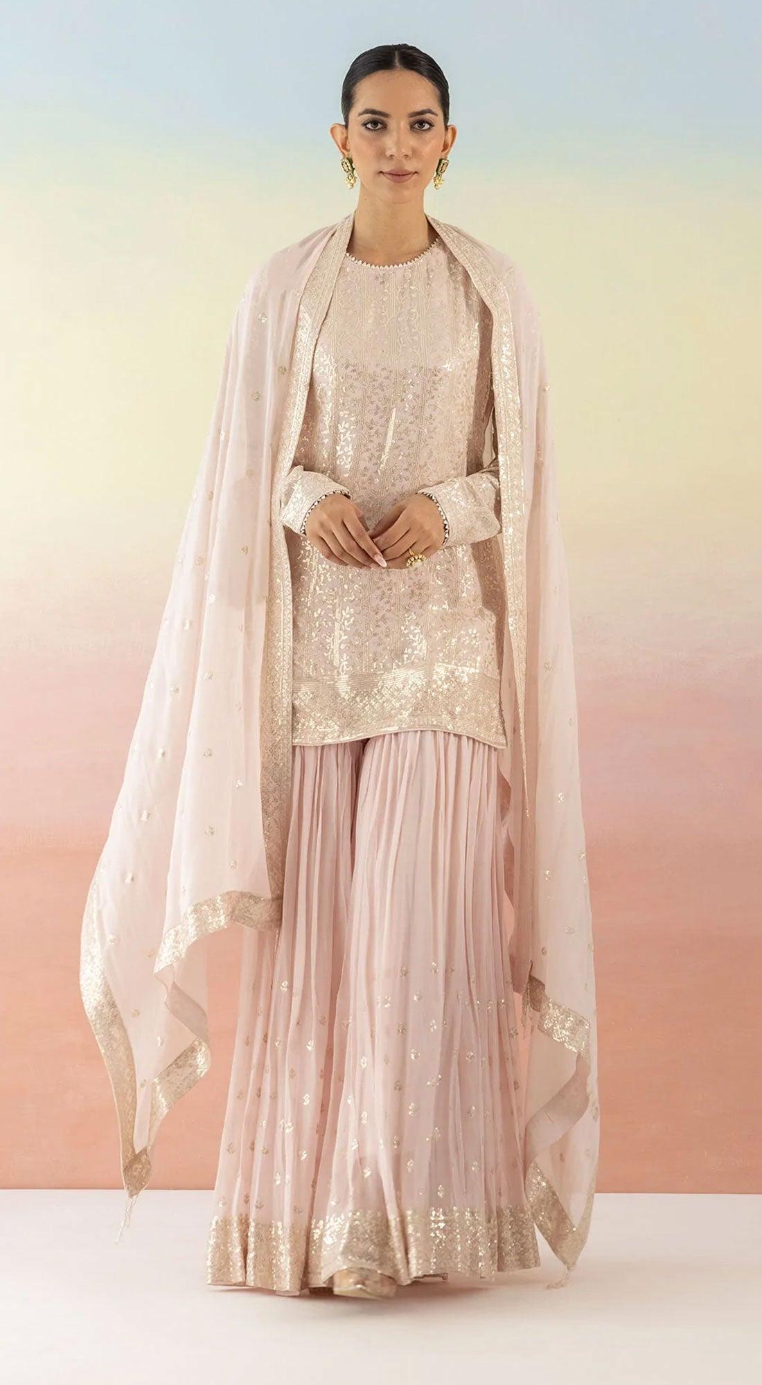 Pink Sequin Embellished Sharara Set