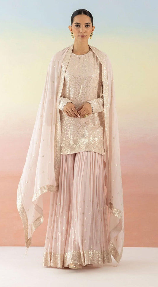 Pink Sequin Embellished Sharara Set