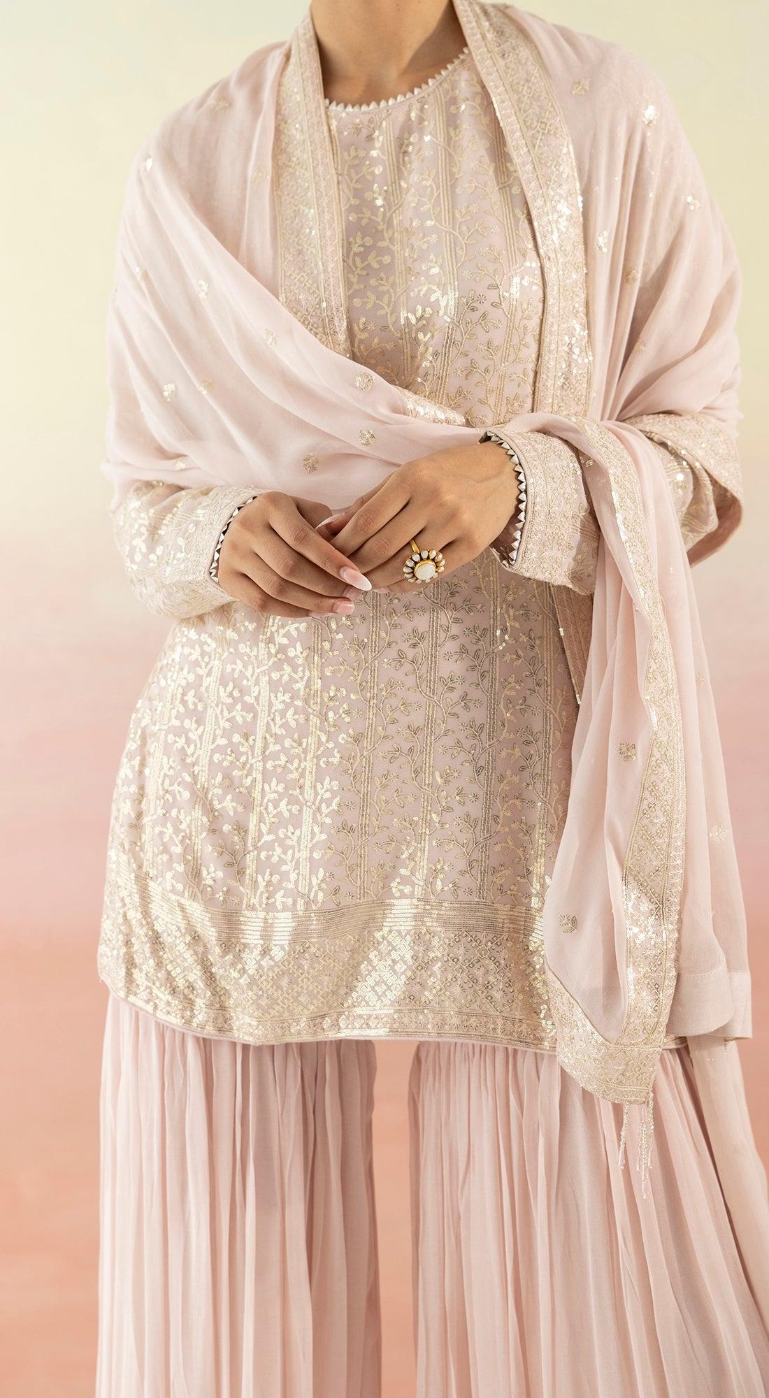 Pink Sequin Embellished Sharara Set