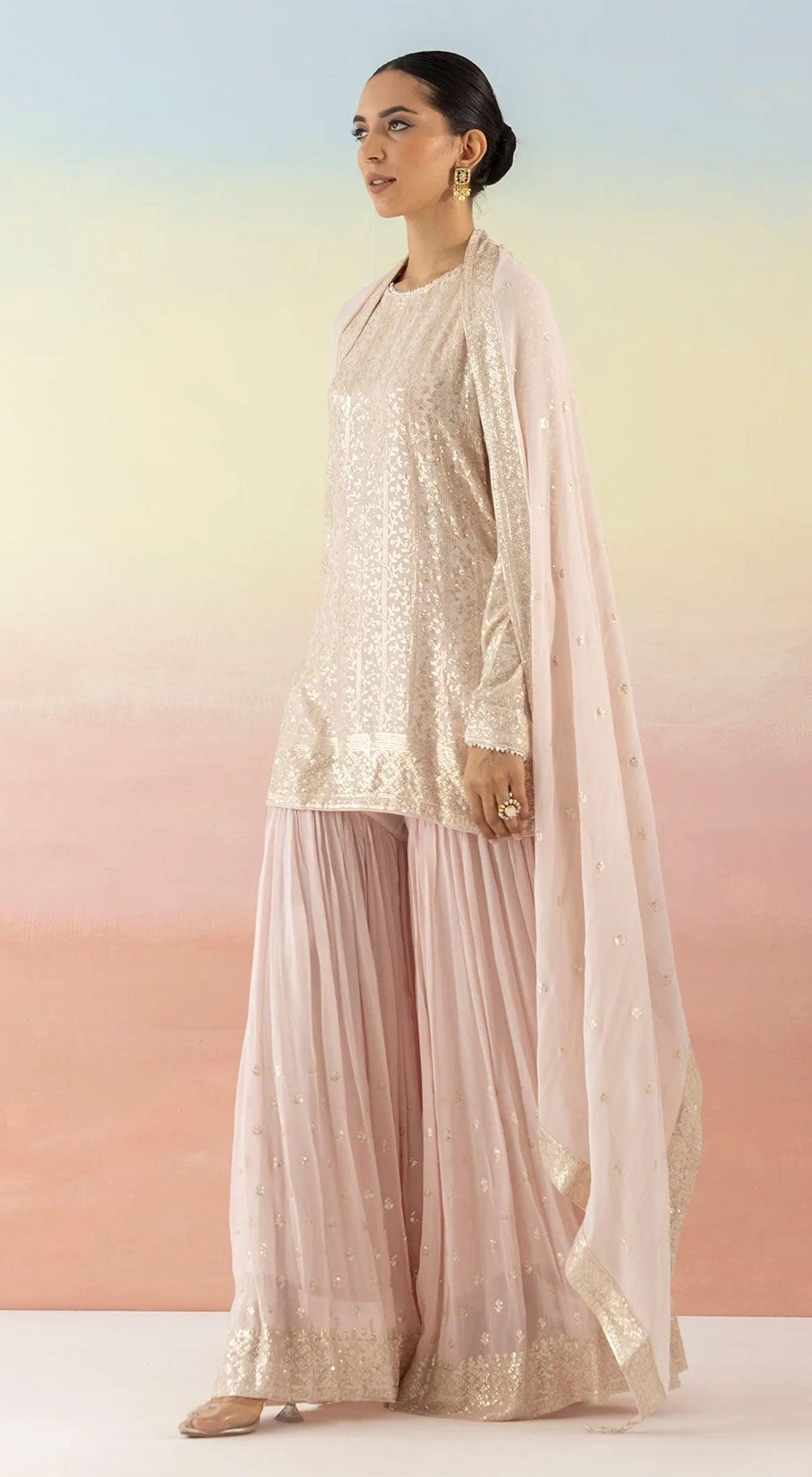 Pink Sequin Embellished Sharara Set